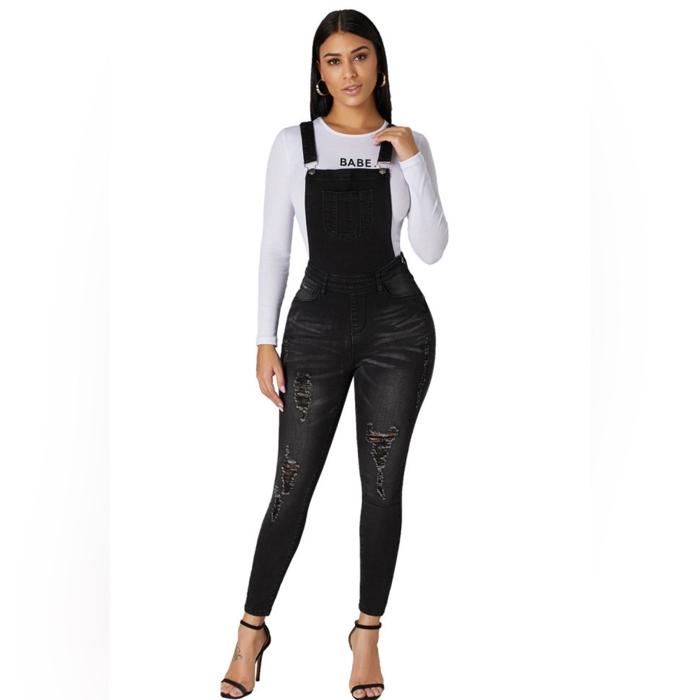 Black wash distressed jean overalls